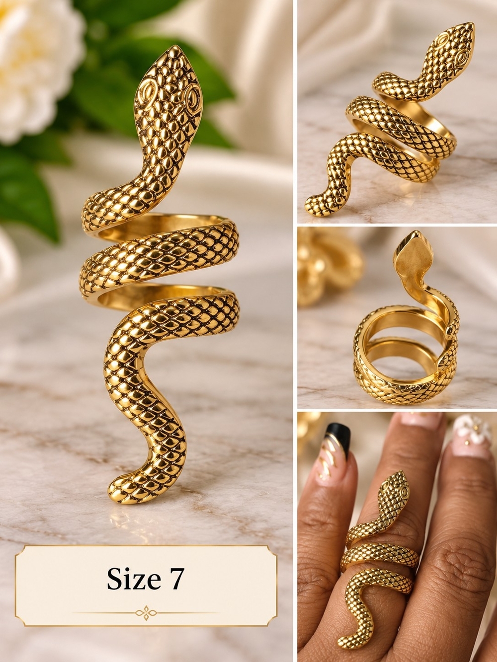 Gold-Tone Stainless Steel Snake Ring – Size 7